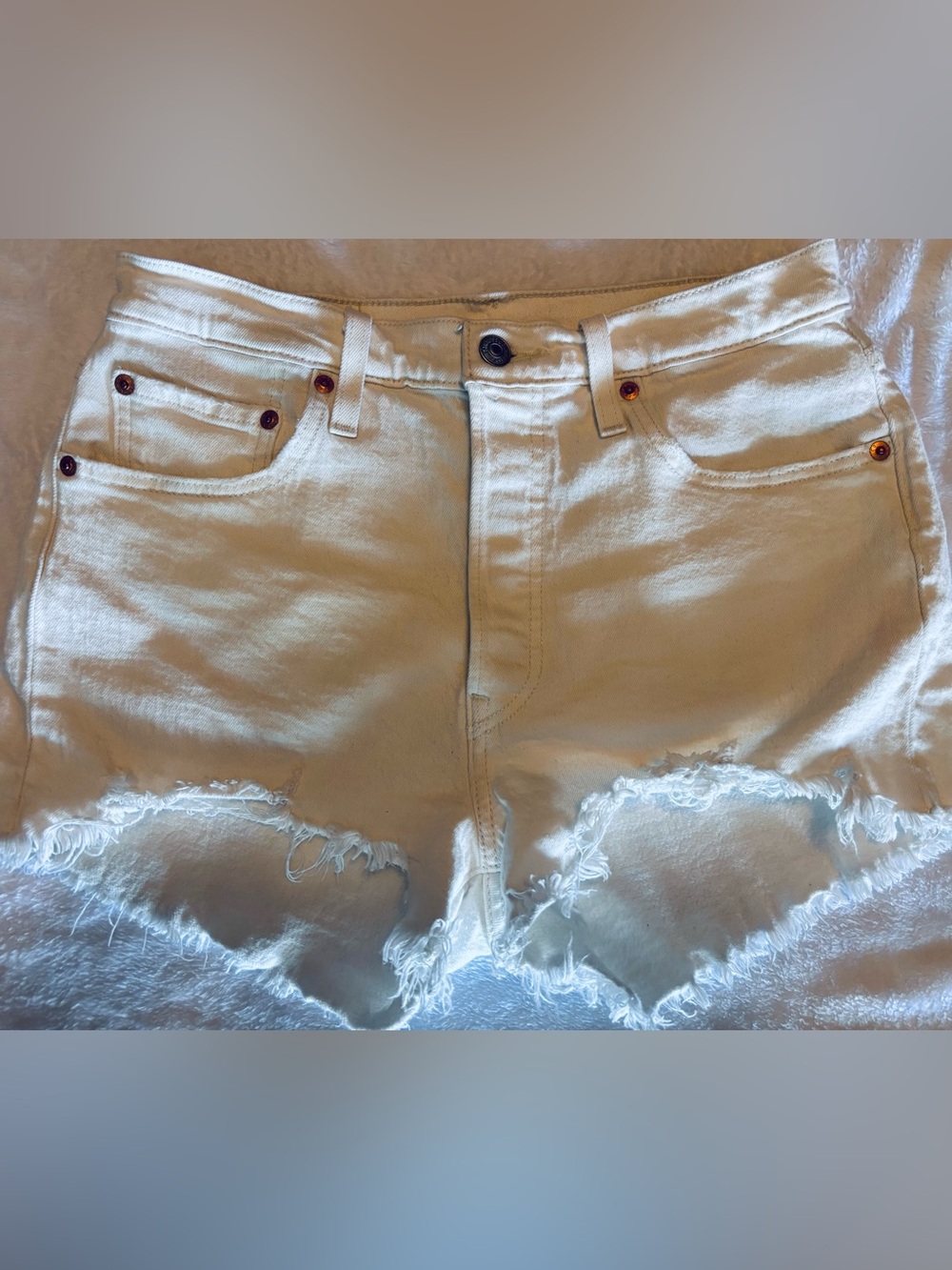 Levi’s 501 Original High Rise White Distressed Cutoff Shorts Women’s W29